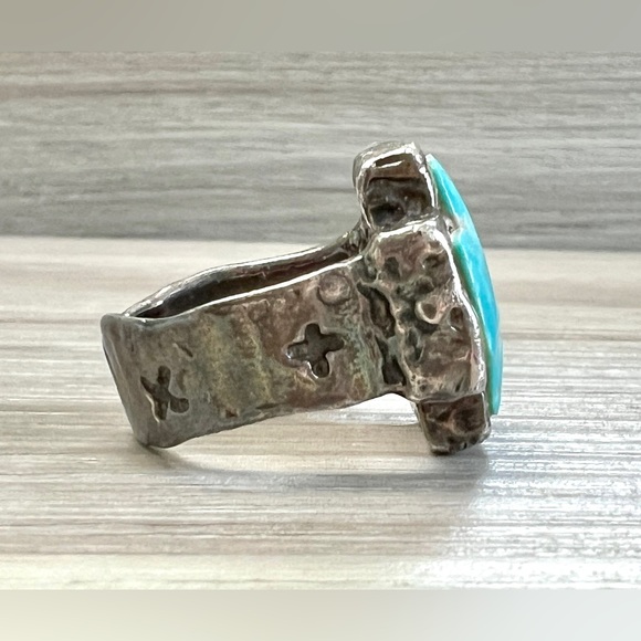 Peyote Bird Designs Sterling Silver Turquoise Inlay Lucky Cross Ring, Size 7 - Picture 5 of 10